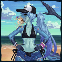 alcohol anthro baseball_cap beer beverage beverage_can bikini bikini_top blue_body blue_hair bottomwear breasts clothed clothing eyeshadow facial_piercing female fin fin_piercing fingers flat_chested footwear furgonomic_piercing furgonomics gills hair hat headgear headwear hotpants long_tail makeup midriff multicolored_body navel non-mammal_breasts non-mammal_navel nose_piercing nose_ring piercing ring_piercing scar septum_piercing septum_ring shoes shorts small_breasts solo swimwear tail tail_fin thick_thighs two-piece_swimsuit imtheguysk3 jawlene_(herny) aquatic fish shark 1:1 absurd_res hi_res