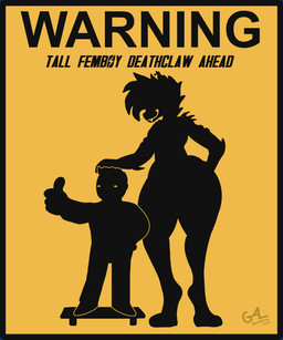 anthro femboy gesture hand_gesture headpat larger_male male sign silhouette size_difference smile text thick_thighs thumbs_up warning_sign wide_hips good4life4ever fallout microsoft gevaudan_(good4life4ever) vault_boy deathclaw human mammal scalie absurd_res black_and_yellow english_text hi_res monochrome