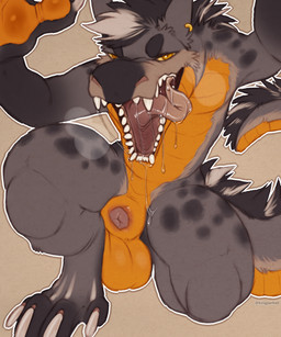 animal_genitalia anthro balls bodily_fluids claws drooling ear_piercing ear_ring front_view fur genitals grey_body grey_fur male markings nude_anthro nude_male open_mouth penis penis_tip piercing ring_piercing saliva scales sharp_teeth sheath solo spots spotted_body spotted_fur teeth toe_claws tongue tongue_out ventral_scales yellow_eyes kingparked saleos crocodile crocodilian hybrid hyena mammal reptile scalie 5:6 hi_res
