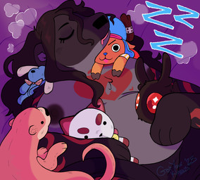 anthro big_breasts big_nipples bottomwear breasts clothed clothing female hair heart_(marking) markings messy_hair nipples nude overweight plushie sleeping slightly_chubby solo sound_effects swirl_pattern swirls tasteful_nudity topless vowelless vowelless_sound_effect zzz chowmalgamation bee_and_puppycat cartoon_hangover one_piece boon mothman puppycat tony_tony_chopper arthropod bear cryptid insect lepidopteran mammal moth mustelid otter hi_res trans_(lore) trans_woman_(lore)