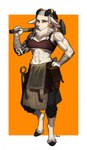 anthro arm_wraps belt belt_pouch blacksmith blacksmith_tongs breasts clothed clothing cloven_hooves curved_horn female fur hair hammer hand_on_hip hooves horn looking_at_viewer midriff muscular muscular_anthro muscular_female neck_tuft red_eyes solo standing tattoo tongs tools tuft white_body white_fur white_hair wraps pgm300 ortrun bovid caprine mammal digital_media_(artwork) hi_res shaded