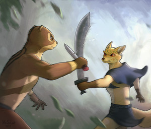 anthro brown_body brown_fur clothed clothing dagger fight fur male melee_weapon sword tattoo topless weapon mr.solar redwall deyna_taggerung ruggan_bor_(redwall) canid canine eurasian_otter fox lutra mammal mustelid otter red_fox river_otter true_fox hi_res