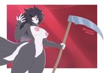 anthro big_breasts black_body black_hair breasts female genitals hair long_hair melee_weapon nipple_dip nipples nude polearm pussy red_eyes scythe solo tail weapon white_body white_eyes byghosteduard helluva_boss octavia_(helluva_boss) avian bird absurd_res hi_res