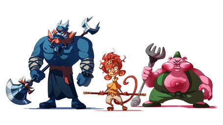 4_toes 5_fingers anthro areola arm_support beaded_bracelet beaded_jewelry beads beard belt black_eyebrows blue_areola blue_body blue_bottomwear blue_clothing blue_flip_flops blue_hair blue_lips blue_nails blue_skin blue_skirt blue_toenails bottomwear bracelet brown_body brown_fur brown_hair chubby_cheeks circlet closed_frown clothed clothed_anthro clothed_male clothing colored_nails empty_eyes eyebrows eyes_closed facial_hair feet fingernails fingers footwear frown fully_clothed fully_clothed_anthro fully_clothed_male fur furrowed_brow furrowed_eyebrows green_belt green_clothing green_footwear green_hat green_headwear green_keikogi green_shoes grey_wristband group hair hat headgear headwear holding_fork holding_melee_weapon holding_object holding_polearm holding_staff holding_weapon jewelry keikogi larger_anthro larger_male light lips long_tail male male_anthro male_humanoid martial_arts_uniform melee_weapon mouth_closed muscular muscular_arms muscular_humanoid muscular_male nails navel obese obese_anthro obese_male open_frown open_mouth open_smile orange_beard orange_clothing orange_eyes orange_facial_hair orange_pupils orange_sash orange_shirt orange_topwear outie_navel overweight overweight_anthro overweight_male pants pecs pink_fingernails pink_lips pink_nails polearm pupils red_eyebrows sandals sharp_teeth shirt shirtless_humanoid shirtless_male shoes side_view simple_background size_difference skirt smaller_anthro smaller_male smile sportswear staff tail tan_bottomwear tan_clothing tan_pants teeth thick_bottom_lip toenails toes tooth_gap topwear trio tusks unibrow weapon white_background gael_chauvet journey_to_the_west sha_wujing sun_wukong zhu_bajie domestic_pig haplorhine humanoid mammal monkey primate suid suine sus_(pig) 16:9 2016 colored digital_drawing_(artwork) digital_media_(artwork) english_description hi_res lighting shaded widescreen