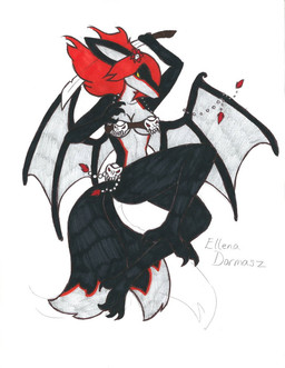 2_tails anthro attack belly black_body black_fur bone breasts cleavage clothed clothing countershading female fur grey_belly grey_body grey_fur hair long_hair low-angle_view melee_weapon membrane_(anatomy) membranous_wings multi_tail multicolored_body multicolored_fur red_body red_fur red_hair simple_background skimpy skull solo sword tail weapon white_background wings yellow_eyes oldmusic_(artist) mythology ellena_dormasz canid canine demon dragon fox hybrid mammal mythological_creature mythological_scalie scalie