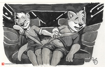 anthro bottomwear car cheek_tuft closed_smile clothed clothing duo facial_tuft front_view hair inside_car inside_vehicle logo male mouth_closed navel open_mouth open_smile overweight overweight_anthro overweight_male shirt short_hair shorts sitting smile t-shirt topwear tuft vehicle young young_anthro young_male pandapaco mammal mustelid otter artist_logo signature spot_color