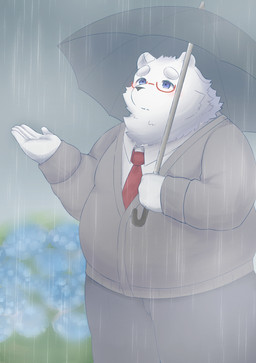 anthro belly big_belly blush bottomwear clothing eyewear flower fur glasses humanoid_hands kemono male necktie overweight overweight_male pants plant raining shirt solo topwear umbrella white_body white_fur ayata bear mammal 2022 absurd_res hi_res
