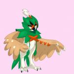 amber_eyes ambiguous_gender anthro feathered_wings feathers feet leaf pink_background plant pseudo_clothing simple_background solo talons toes vines wings achromatic nintendo pokemon avian bird decidueye elemental_creature flora_fauna generation_7_pokemon pokemon_(species) 1:1