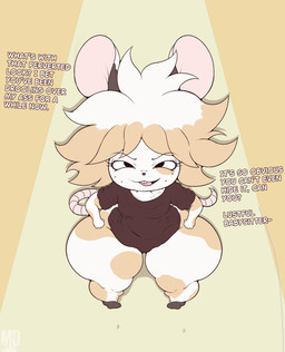age_difference anthro big_butt brown_body brown_fur butt clothing freckled_face freckles fur hair huge_butt huge_thighs looking_at_viewer male multicolored_body multicolored_hair open_mouth orange_body orange_fur orange_hair pedophilia_temptation pink_ears pink_tail shirt shota smug smug_face smug_grin solo solo_focus tail taunting teeth text thick_thighs topwear white_body white_fur white_hair young young_anthro younger_male madnessdog700 merry_noel mammal mouse murid murine rodent english_text hi_res