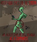 alien alien_humanoid alternate_history butt cold_war crosshair freckles green_body hi_res humanoid humor looking_at_viewer looking_back male poster poster_template propaganda pun roswell_grey solo standing taraelblackwing weapon