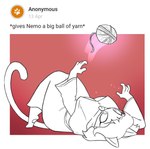 anthro eyelashes playing_with_yarn text yarn potoobrigham curious_cat nemo_(simplifypm) domestic_cat felid feline felis mammal 2024 digital_media_(artwork) english_text hi_res