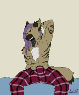 anthro balls_outline bed big_bulge black_tongue bottomwear bulge clothed clothing detailed_bulge ear_piercing front_view furniture genital_outline hair huge_bulge industrial_piercing long_hair male on_bed open_mouth pajamas pants pattern_bottomwear pattern_clothing pattern_pants piercing plaid plaid_bottomwear plaid_clothing plaid_pants purple_hair simple_background sitting sitting_on_bed solo stretching tan_background tongue tongue_piercing topless yawn xn3r0x axyl_k hyena mammal striped_hyena 2020 5:6 digital_media_(artwork) hi_res signature