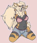 anthro blep bottomwear bra breasts cleavage clothed clothing female fluffy fluffy_tail kneeling navel neck_tuft pink_bra pink_clothing pink_underwear pokemorph shorts solo tail tongue tongue_out tuft underwear husky_hangover nintendo pokemon arcanine canid canine generation_1_pokemon mammal pokemon_(species) 2022 absurd_res full-length_portrait hi_res portrait