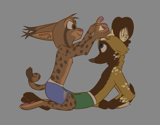 anthro boxers_(clothing) brown_body brown_eyes brown_fur clothed clothing duo ear_tuft fur head_tuft inner_ear_fluff interspecies kneeling male markings side_view simple_background smile spots spotted_body spotted_fur straddling topless tuft underwear theblueberrycarrots marc_(theblueberrycarrots) milo_(juantriforce) african_wild_dog canid canine felid feline lynx mammal 2019 hi_res