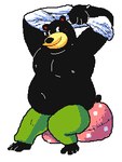 2024 anthro bear belly big_belly black_body black_nose blush bottomwear clothing keke_(artist) male mammal moobs navel nipples overweight overweight_male pants shirt solo topwear undressing
