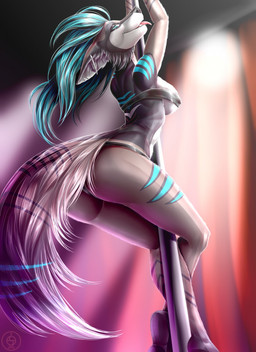 anthro between_legs breasts butt clothed clothing dancing female legs_around_pole nipple_outline pole pole_between_legs pole_dancing skimpy smile solo stripper_pole thick_thighs tongue tongue_out toshaviktory canid canine mammal hi_res