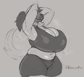 anthro big_breasts bottomwear bra breasts clothing female fur hair huge_breasts navel shorts solo sports_bra tail underwear jezzlen millie_(jezzlen) canid canine canis domestic_dog mammal hi_res