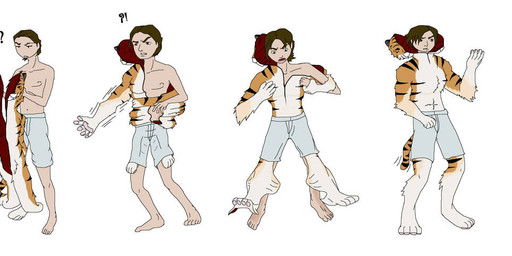 abs anthro black_hair bottomwear clothing costume costume_transformation duo facial_hair fursuit goatee hair male male/male pecs question_mark shirtless_anthro shirtless_male shorts species_transformation suit_transformation transformation furii animate_inanimate felid human living_clothing living_costume mammal pantherine tiger 2009 flat_colors hi_res