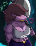 anthro axe big_breasts breasts clothed clothing dialogue female muscular muscular_female purple_body smile smiling_at_viewer solo text topwear weapon justahoot deltarune undertale_(series) susie_(deltarune) lizard reptile scalie absurd_res hi_res