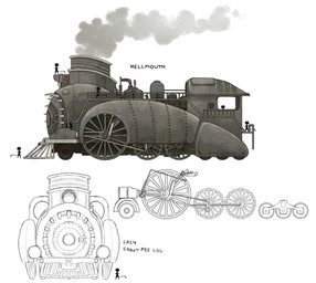 ambiguous_gender anthro engine group simple_background smoke tail text train vehicle vehicle_focus wheel white_background jejejunum ember_(jejejunum) hellmouth_(jejejunum) unknown_species absurd_res english_text hi_res model_sheet