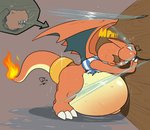 ambiguous_gender belly big_belly clothing feral fire flaming_tail inflation liquid_inflation membrane_(anatomy) membranous_wings puffed_cheeks solo sound_effects tail text thick_thighs torn_clothing water_inflation wings de-flator nintendo pokemon charizard generation_1_pokemon pokemon_(species)