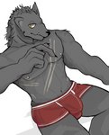 anthro black_nose blaidd_(elden_ring) boxer_briefs bulge canid canine canis clothed clothing dark_body dark_fur detailed_bulge ears_up elden_ring fromsoftware fur fur_tuft green_eyes grey_body grey_fur hi_res lying male mammal muscular nails navel nipples nude on_back on_bedding pink_nipples pornfypanda red_clothing red_underwear scar scruffy sharp_nails simple_background solo teeth_showing tuft underwear white_background wolf yaoi_hands