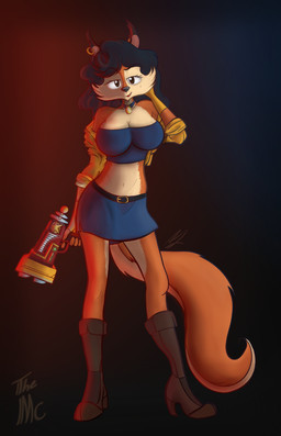 anthro big_breasts blue_hair bottomwear breasts clothed clothing ear_piercing female fur gun hair jacket lights looking_at_viewer midriff navel orange_body orange_fur piercing police ranged_weapon skirt solo topwear weapon themc sly_cooper_(series) sony_corporation sony_interactive_entertainment sucker_punch_productions carmelita_fox canid canine fox mammal 2016 hi_res