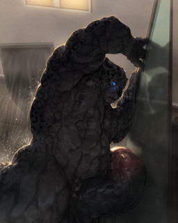 anthro bathing big_penis black_markings black_nose black_penis blue_eyes erection fur genitals glowing glowing_eyes grey_body grey_fur huge_penis humanoid_genitalia humanoid_penis looking_at_viewer low-angle_view male male_anthro markings multicolored_penis muscular muscular_anthro muscular_male nude open_mouth penis red_penis showering solo standing two_tone_penis vein veiny_penis whiskers dust_yang felid mammal hi_res
