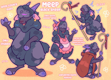 anthro apron blush bonnet clothing crook female fur hair hair_over_eyes headgear headwear hooves neck_tuft nose_blush nub_tail poncho shepherd's_crook solo tuft wool_(fur) dragonpatches meep_sheep bovid caprine mammal sheep absurd_res hi_res model_sheet