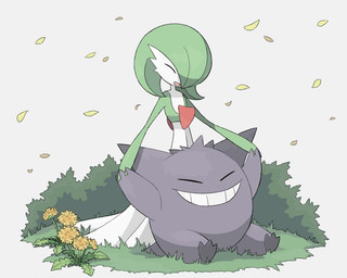 ambiguous_gender duo eyes_closed grass green_hair grin hair looking_down open_mouth plant simple_background smile teeth white_background potetaroo nintendo pokemon gardevoir generation_1_pokemon generation_3_pokemon gengar ghost pokemon_(species) spirit 5:4