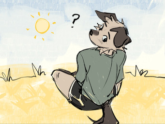 anthro biped black_bottomwear black_clothing black_shorts bottomwear clothing cloud floppy_ears grass green_clothing green_shirt green_topwear looking_at_viewer male plant question_mark shirt shorts sitting_on_grass sky slim solo sun topwear hemuchang shin_(hemuchang) canid canine canis domestic_dog mammal 4:3 hi_res