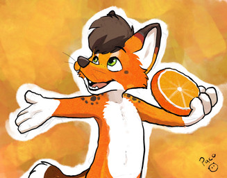anthro brown_hair dipstick_tail fangs front_view fur gloves_(marking) green_eyes hair holding_orange logo looking_up male markings nude open_mouth open_smile orange_body orange_fur red_tongue short_hair simple_background smile solo spotted_shoulders tail tail_markings teeth tongue whiskers white_body white_fur young young_anthro young_male pandapaco canid canine mammal artist_logo half-length_portrait hi_res portrait signature