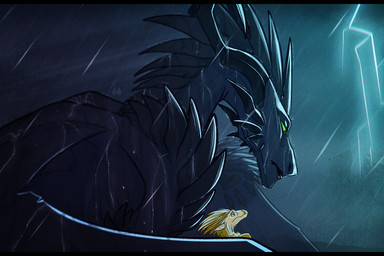 ambiguous_gender black_body black_horn cheek_horn cheek_tuft duo electricity facial_tuft feral fur green_eyes green_sclera horn lightning logo mouth_closed night orange_eyes orange_sclera outside raining tan_body tan_fur tuft kardinaluz mythology dragon furred_dragon furred_scalie mythological_creature mythological_scalie scalie 3:2 artist_logo hi_res letterbox