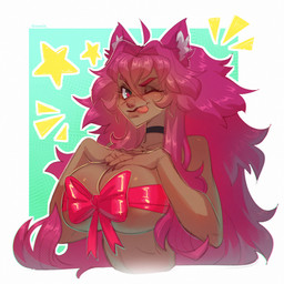anthro big_breasts black_body breasts choker claws female gift hair jewelry necklace not_furry pink_hair simple_background smile solo tanoerun tongue tongue_out goosia mythology fan_character tenoerun_(albinion) canid canine humanoid mammal mythological_canine mythological_creature werecanid werecanine werecreature werewolf 2026 colored digital_drawing_(artwork) digital_media_(artwork) hi_res