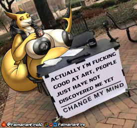 anthro big_breasts big_nipples black_nipples breasts container cup dark_nipples female huge_breasts huge_nipples lips mature_female mug nipples overweight solo thick_bottom_lip thick_thighs palmarianfire change_my_mind mommy_palmarian_(shark_form) aquatic fish shark hi_res meme