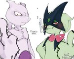 ambiguous_gender anthro biped drugs duo fur gesture green_body green_fur hand_gesture looking_at_viewer marijuana middle_finger purple_body red_eyes simple_background text white_background itz_smi73 nintendo pokemon generation_1_pokemon generation_9_pokemon legendary_pokemon meowscarada mewtwo pokemon_(species) 5:4 spanish_text