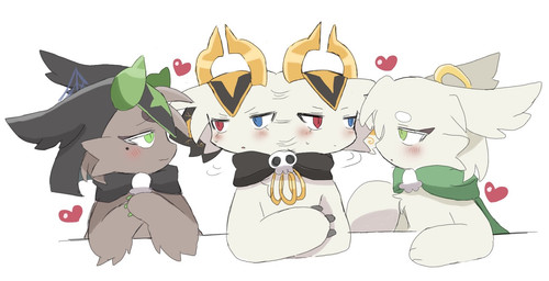 3_fingers ambiguous_anthro ambiguous_gender anthro anthro_on_anthro blue_eyes blush blush_lines cape cheek_tuft circle_eyebrows clothing dual_persona eyebrows facial_tuft fingers fur green_eyes green_horn grey_body grey_fur group halo headgear headwear heart_symbol hearts_around_head heterochromia horn kemono looking_at_another monotone_body monotone_fur monotone_tail red_eyes simple_background tail trio tuft white_background white_body white_ears white_fur white_tail yellow_horn boyafu devil_connection makemon bbb_(devil_connection) nisroch_(makemon) angel arachnid arthropod demon fallen_angel lagomorph mammal spider 2026 colored digital_media_(artwork) hi_res
