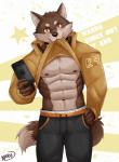 abs anthro bottomwear clothed clothing fur hoodie kemono male muscular muscular_anthro muscular_male nipples pants pecs solo topwear naruever canid canine canis domestic_dog mammal 2017 hi_res