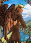 anthro balcony blonde_hair brown_body butt cloud hair looking_at_viewer looking_back male nature nature_background outside plant solo tail vines water wings yellow_eyes yellow_tail chocobanana mythology ch0c0hare equid equine mammal mythological_creature mythological_equine pegasus hi_res