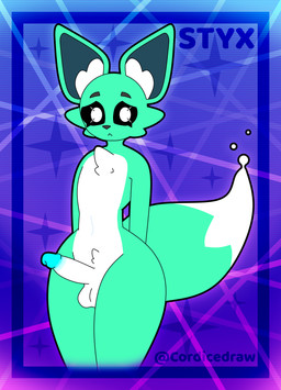 anthro blue_penis cheek_tuft facial_tuft femboy fluffy genitals green_body inner_ear_fluff male neck_tuft penis shy solo thick_thighs tuft cordicedraw canid canine fox ghost mammal spirit absurd_res hi_res