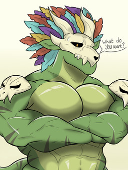 abs anthro bone bone_mask crossed_arms dialogue feathered_headdress green_body male mask muscular muscular_anthro muscular_male navel pecs simple_background skull skull_accessory skull_mask solo speech_bubble tail talking_to_viewer text white_background dermorslix terraria witch_doctor_(terraria) lihzahrd lizard reptile scalie 2026 3:4 digital_media_(artwork) english_text hi_res
