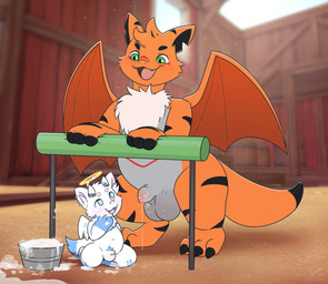 after_orgasm anthro balls big_balls big_balls_small_penis blue_eyes bodily_fluids bucket container cum cum_collecting cum_drip cum_everywhere cum_on_face disproportionate_genitalia dripping duo farming foreskin genital_fluids genitals green_eyes humanoid_genitalia humanoid_penis looking_at_genitalia looking_at_penis male messy multicolored_body orange_body penis plushie size_difference small_penis standing white_body young zeklullaby mythology angel_dragon animate_inanimate dragon hybrid living_plushie mythological_creature mythological_scalie scalie hi_res