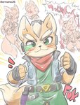 5_fingers anthro belt blush clothing eyebrows fingers fur green_eyes gun inner_ear_fluff jackets looking_at_viewer male orange_body orange_fur ranged_weapon smile solo suit tan_body tan_fur text tuft weapon whiskers eromame nintendo star_fox fox_mccloud canid canine fox mammal 2020 japanese_text