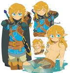 anthro blonde_hair blue_eyes blush blush_lines cape clothed clothing ear_piercing ear_ring elf hair hi_res hooded_cloak humanoid humanoid_pointy_ears hylian kiirono light_body light_skin link long_hair looking_at_viewer male markings master_sword melee_weapon multiple_poses muscular muscular_male nintendo not_furry partially_submerged pecs piercing pose ring_piercing shaking shirt signature simple_background sitting smile snow solo sword sword_sheath tears_of_the_kingdom the_legend_of_zelda topless topwear trembling tunic water weapon