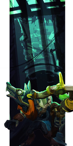 anthro boots border bracelet buckteeth claws clothing crossbow detailed_background duo ears_up eyewear fangs footwear fur goggles green_body green_fur holding_object holding_weapon jewelry kerchief light light_beam looking_offscreen looking_up male open_mouth ranged_weapon sharp_teeth shoes short standing teeth toeless_boots toeless_footwear topwear vest weapon white_border white_sclera emilio_uribe league_of_legends riot_games tencent twitch_(lol) mammal murid murine rat rodent 2014 absurd_res hi_res painting_(artwork) signature