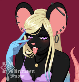 alternative_fashion anthro black_body black_fur blonde_hair bodily_fluids female fur gyaru hair j-fashion piercing purple_eyes saliva solo tongue crimsonsnow original_character_do_not_steal saisha mammal mouse murid murine rodent