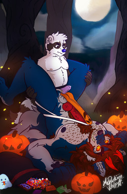 anthro bulge candy clothing dessert duo erection_under_underwear food glowing glowing_eyes horn jack-o'-lantern jockstrap male male/male size_difference small_top_big_bottom underwear underwear_stretch mrdarknesswolf mythology mrdarknesswolf_(character) roquemapache canid canine canis demon hybrid mammal mythological_canine mythological_creature procyonid raccoon werecanid werecanine werecreature werewolf wolf absurd_res hi_res