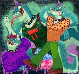 anthro basketball_uniform bodily_fluids bottomwear clothed clothing collar eyewear facial_piercing footwear green_body green_bottomwear green_clothing green_pants green_scales green_shirt green_shorts green_topwear head_spikes looking_at_viewer male mouth_piercing multicolored_claws multicolored_pants multiple_outfits multiple_poses muscular muscular_anthro muscular_male neck_piercing nose_piercing pants pattern_clothing piercing pose purple_clothing purple_spikes purple_sweater purple_topwear saliva scales shirt shoes shorts solo spikes spikes_(anatomy) sportswear spots spotted_clothing studded_collar studs sunglasses sweater tail tongue tongue_out tongue_piercing topwear torn_clothing torn_shirt torn_topwear uniform yellow_sclera caramelbubbleart goat_(movie) sony_corporation sony_pictures under_armour modo_olachenko komodo_dragon lizard monitor_lizard reptile scalie 2026 digital_media_(artwork) hi_res