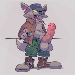 anthro balls big_balls big_penis black_nose bottomwear chest_tuft clothed clothing erection footwear foreskin fur genitals gesture grey_body grey_fur hand_gesture hat headgear headwear jacket knot male notched_ear one_eye_obstructed open_bottomwear open_clothing open_mouth open_shorts penis pointing pointing_at_viewer sharp_teeth shoes shorts simple_background sneakers solo teeth thick_penis toony topwear tuft yellow_sclera vexyvoo converse canid canine canis mammal wolf 2020