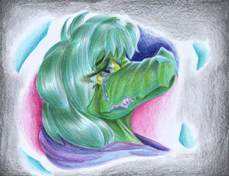 abstract_background anthro bodily_fluids clothing crying eyelashes female green_body green_hair green_scales grey_eyes hair hoodie scales sharp_teeth short_hair snout solo tears teeth topwear yellow_sclera banco cavemanon_studios i_wani_hug_that_gator olivia_halford baryonyx dinosaur prehistoric_species reptile scalie spinosaurid theropod 2024 graphite_(artwork) hi_res traditional_media_(artwork)